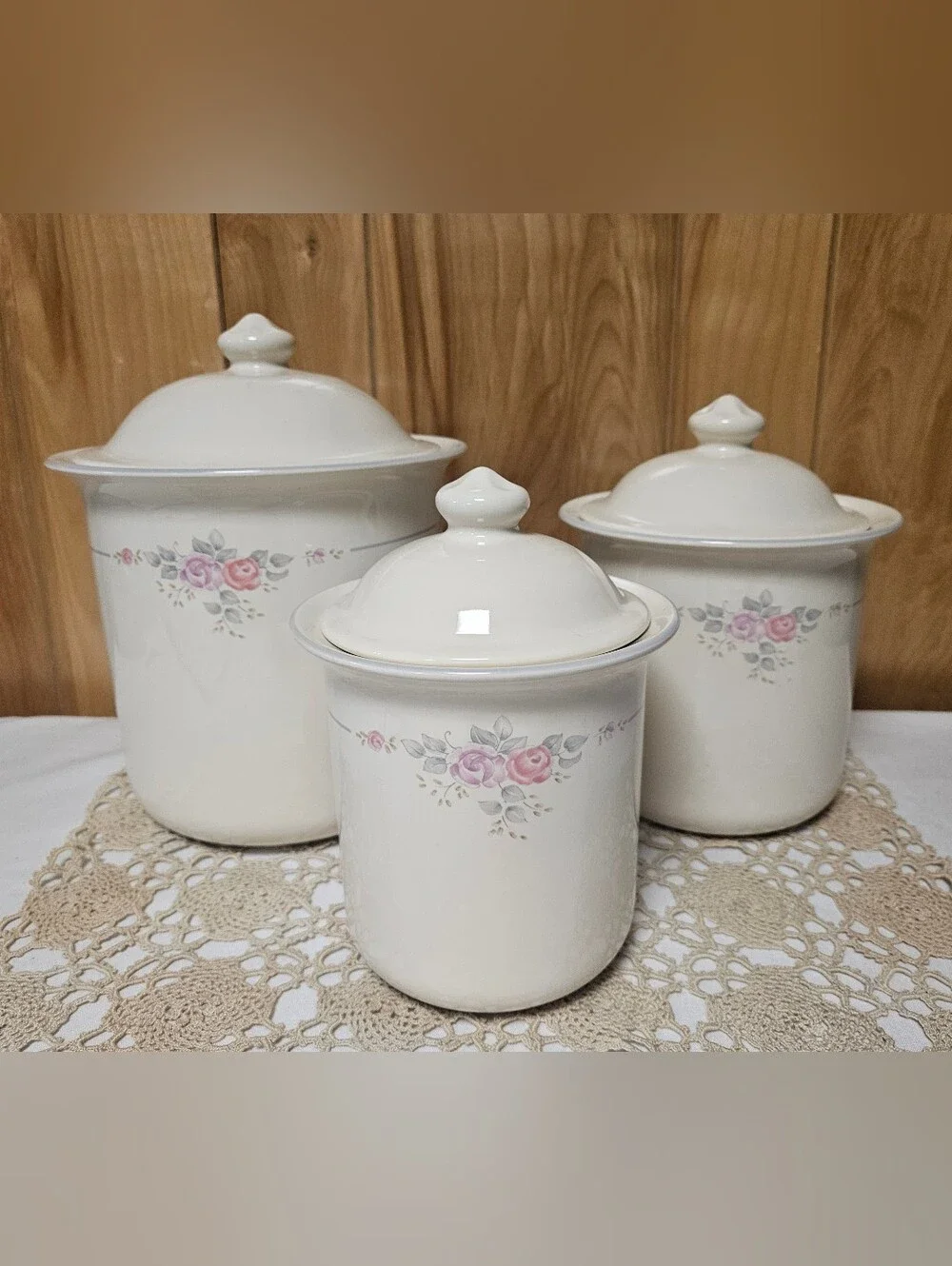 Pfaltzgraff Trousseau 3 Piece Canister Set W/ Lids Vintage USA Floral Stoneware